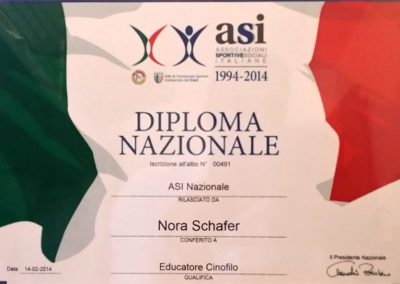Diploma nazionale ASI di educatore cinofilo intestato alla titolare del centro