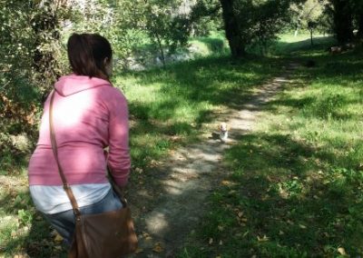 Proprietaria cammina lungo un sentiero nel bosco con il cane libero davanti