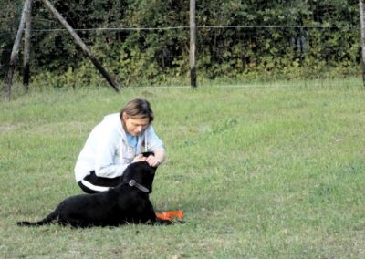 Educatrice accovacciata premia un cane nero durante una sessione di lavoro